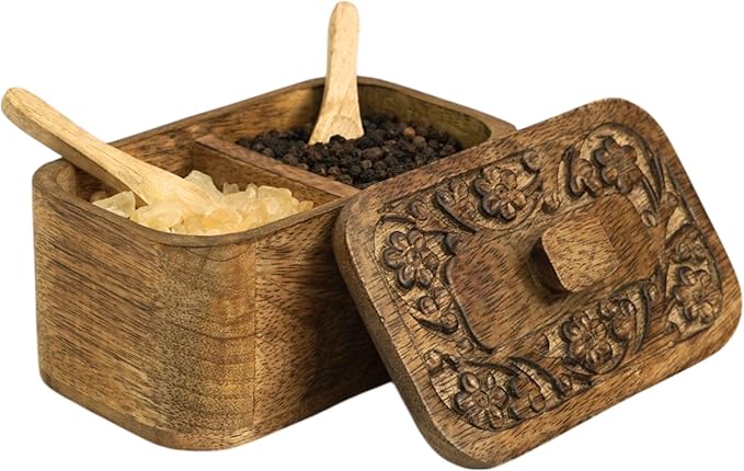 Mie Creations Duet Salt and Pepper Box Cellar with Hand Carved Lid & 2 Spoons, Rustic Wooden Pinch Bowls with 2 large Compartments | Wood Salt Storage Keeper, Spice Bowls for Kitchen Cooking