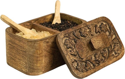 Mie Creations Duet Salt and Pepper Box Cellar with Hand Carved Lid & 2 Spoons, Rustic Wooden Pinch Bowls with 2 large Compartments | Wood Salt Storage Keeper, Spice Bowls for Kitchen Cooking