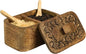 Mie Creations Duet Salt and Pepper Box Cellar with Hand Carved Lid & 2 Spoons, Rustic Wooden Pinch Bowls with 2 large Compartments | Wood Salt Storage Keeper, Spice Bowls for Kitchen Cooking
