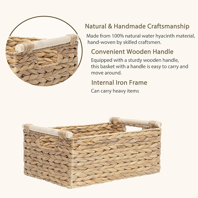 Water Hyacinth Wicker Storage Basket, Rectangular Handwoven Shelf Organizer with Wooden Handles for Pantry & Closet (Large)