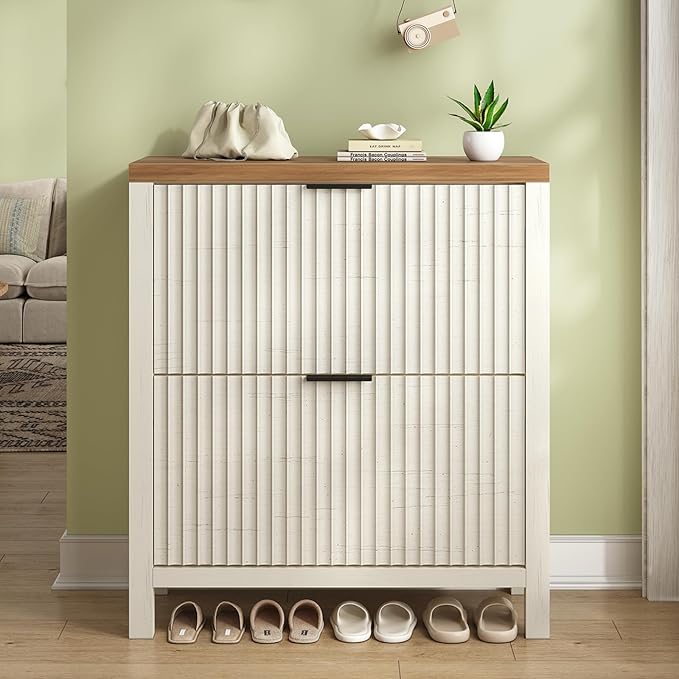YOMILUVE Shoe Cabinet Storage for Entryway, Fluted Shoe Cabinet with 2 Flip Drawers, Hidden Shoe Rack Tall Freestanding Shoe Organizer with Legs for Hallway, White