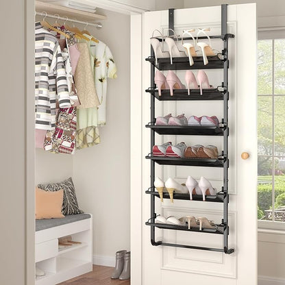 BUKFEN 6 Tier Adjustable Heavy Duty Metal Shoe Rack, Door Hanging and Wall Mount Organizer for Closet, Bedroom, Entryway, Laundry, Apartment, Small Spaces, Space Saving Solution for Busy Homes