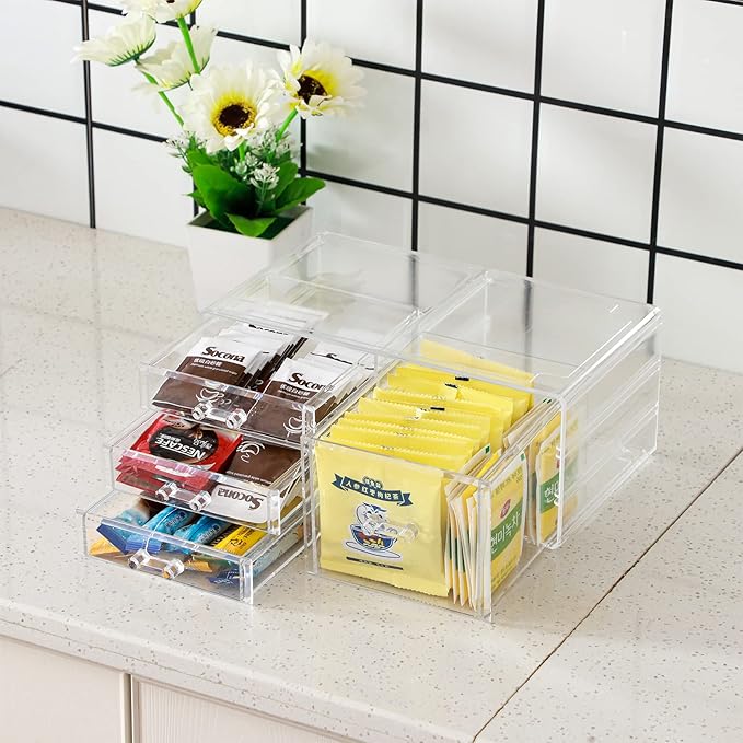 Cq acrylic Clear Stackable Storage Bins,Plastic Medicine Storage Organizer and Small Drawer Organizer with 4 Drawers for Make up,Skincare Produc,Craft,Beauty and Desktop Drawers Organizer Storage