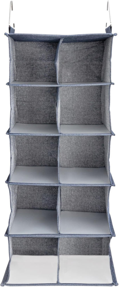 Household Essentials Hanging Cotton Blend and Plastic Closet Shoe Organizer with 10 Storage Compartments, Denim