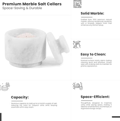 MARBLOUS KRAFTS Set of 3 Marble Salt Cellars with Lids 3" Inch White Salt Holders for Kitchen, Dining, Spices, or Gifts, Modern, Practical Storage for Salt & Spices in Any Kitchen or Dining Room.