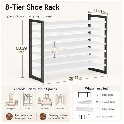 8-Tier Tall Shoe Rack, Stackable Zero-Wobble Metal Frame with Screw-Fastened Joints, 11.8" Deep Heel-Friendly Non-Woven Shelves, Space-Saving Shoe Tower for Closet Entryway Bedroom