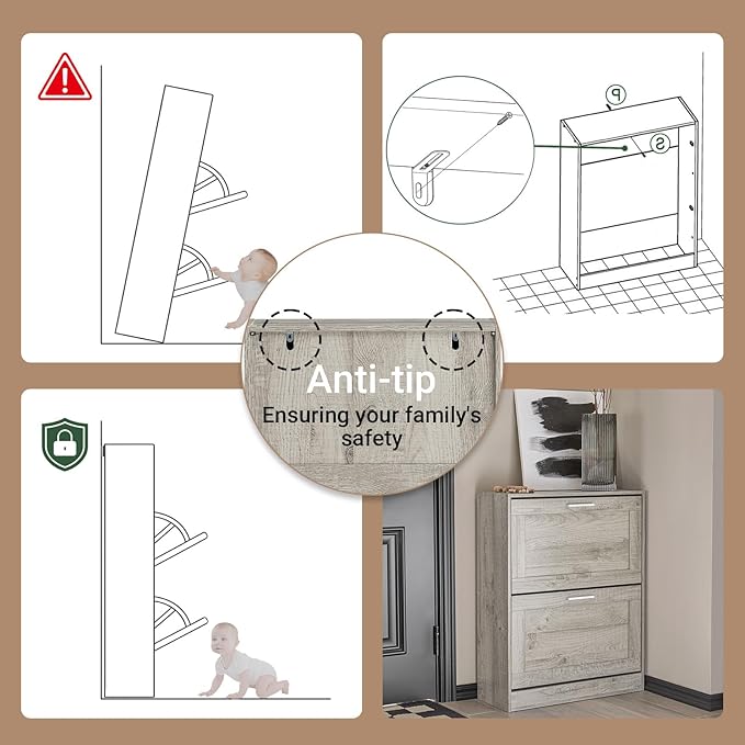 Haotian Enclosed Shoe Rack for Entryway, Narrow Shoe Cabinet with 2 Flip Drawers, Slim Shoe Storage Organizer for Hallway or Small Spaces, Grey, FSR137-HG