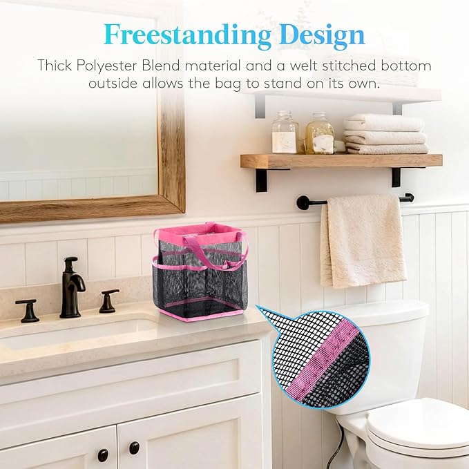 Lifewit Mesh Shower Caddy Portable for College Dorm Room Essentials with 7 Pockets, Freestanding Hanging Organizer Basket, Quick Dry Tote Bag for Camping, Bathroom, Beach, Travel, 1 Pack, Pink