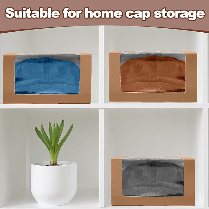 DoubleFill 50 Pcs Hat Boxes with Clear Window, Foldable Gift Boxes for Baseball Caps, Storage, Display and Shipping (Brown)