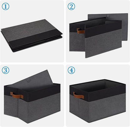 Large Fabric Storage Bins, Foldable Fabric Storage Baskets for Shelves, Sturdy Storage Boxes with PU Handles for Organizing Closet Home Bedroom Office (26L, 3 Packs, Grey&Black)