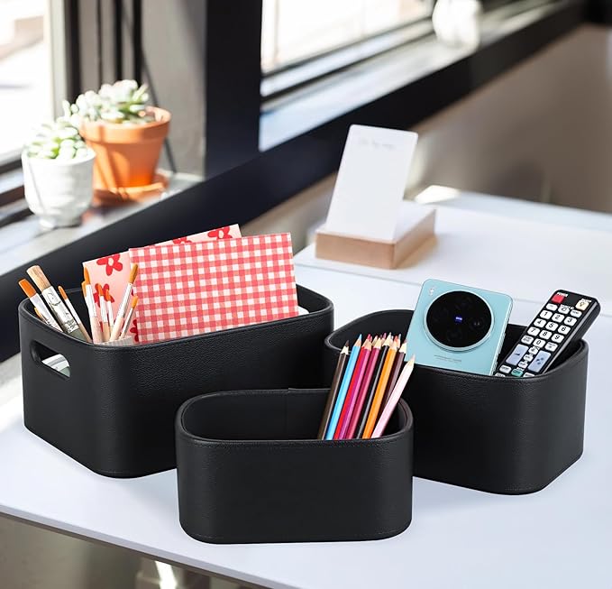 HofferRuffer Faux Leather Storage Baskets Bins with Velvet Lining for Organizing, Storage, Gifts, Set of 3 Nesting Shelf Baskets Decorative Storage Boxes for Home Organization (Black)