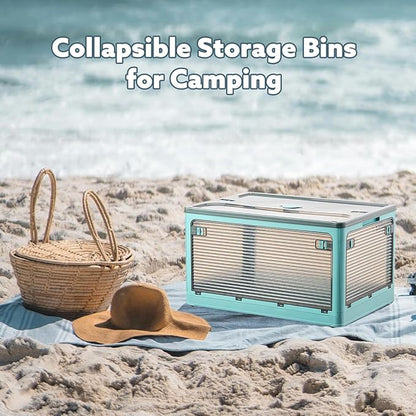 2 Pack Plastic 4 Doors Collapsible Storage Bins with Lid & Wheels, 50 Liters Folding Storage Bins, Stackable Multifunctional Box for Camping Clothes Snack Storage