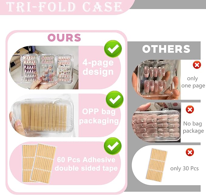 Tri-Fold Press on Nail Storage Box,Portable Press on Nails Organizer Case with 60 Pcs Adhesive Double Sided Tape,Acrylic Nail Storage Box for All Size Fake Nails Home Travel Use