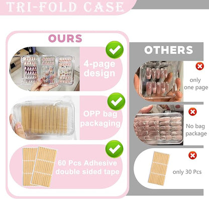 Tri-Fold Press on Nail Storage Box,Portable Press on Nails Organizer Case with 60 Pcs Adhesive Double Sided Tape,Acrylic Nail Storage Box for All Size Fake Nails Home Travel Use
