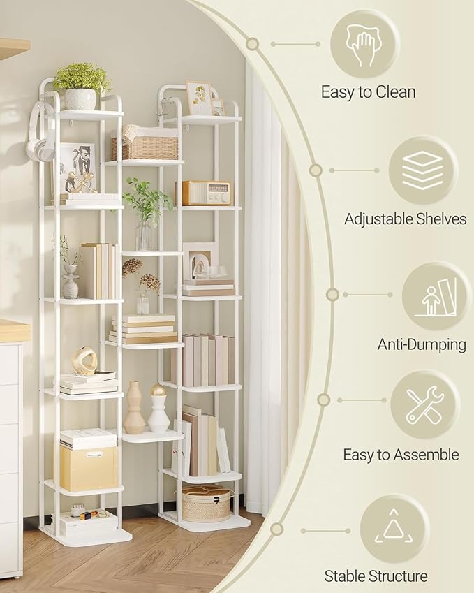 Hzuaneri 10 Tiers Vertical Shoe Rack, Narrow Shoe Tower, Tall Shoes Shelf with 2 Hooks, Adjustable Shelves, Corner Shoes Shelves for Small Spaces, Entryway, Living Room, White SR11213W