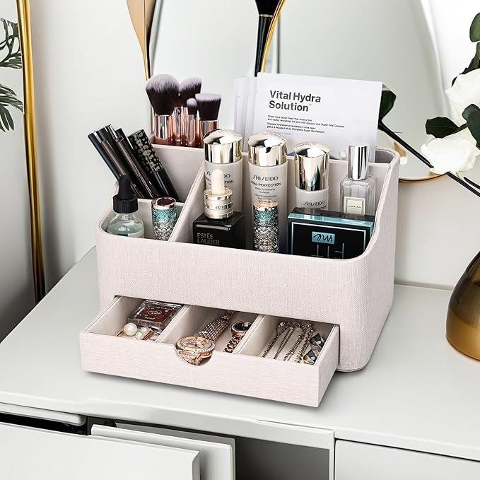 KINGFOM Leather Makeup Organizer with Drawer, Cosmetic Storage for Dresser Countertop and Bathroom Vanity, Beauty Holder for Lipstick Brush Skincare (Beige)