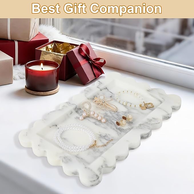 100% Natural Marble Vanity Tray - Real Stone Storage Organizer for Bathroom/Kitchen/Vanity/Dresser, Countertop Tray for Perfume, Jewelry, Home Decor, 11.8 x 7.8 x 0.7 Inch