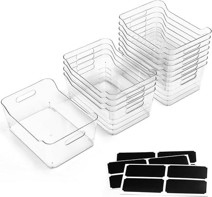 12 PACK Multi-Use Clear Plastic Storage Bins for Organizing w/ Labels - Home, Kitchen, Pantry, Bathroom, Office, Cabinet Shelf Organizer Bins - SOHO Collection, RV, Fridge Organization Containers -XXL