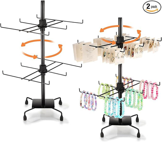 RattanView 2 Pcs Jewelry Rotating Display Stand Adjustable Metal Earrings Bracelet Display Rack Hanging Jewelry Spinning Organizer Tree with Hooks for Vendor Events Selling (2 Tier,Black)