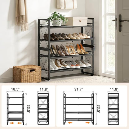 ELYKEN Shoe Rack, 4-Tier Expandable Shoe Organizer for Entryway, Metal Black Shoe Shelf with 8 Hooks, Adjustable Shoe Stand Holder for Closet, Garage, Door Entrance
