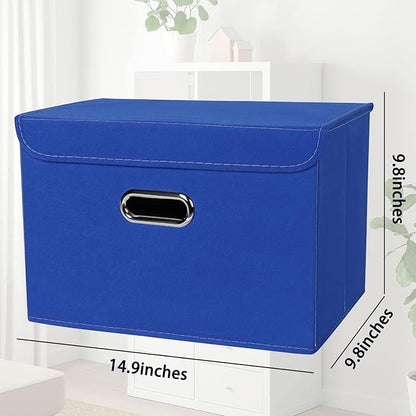 STOREONE Fabric Storage Cube Bins Foldable Organizer Container Collapsible Basket with Lids and Metal Handles, for Home, Bedroom, Closet 8 Pcs (Dark Blue)