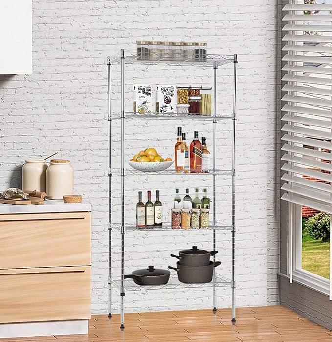 5-Tier Shelving Unit Adjustable Metal Shelves 48" H Storage Rack Wire Shelf for Pantry Kitchen Closet Organization Space Saving, 750LB Capacity, 21.5D x 11.6W x 47.6H, Chrome