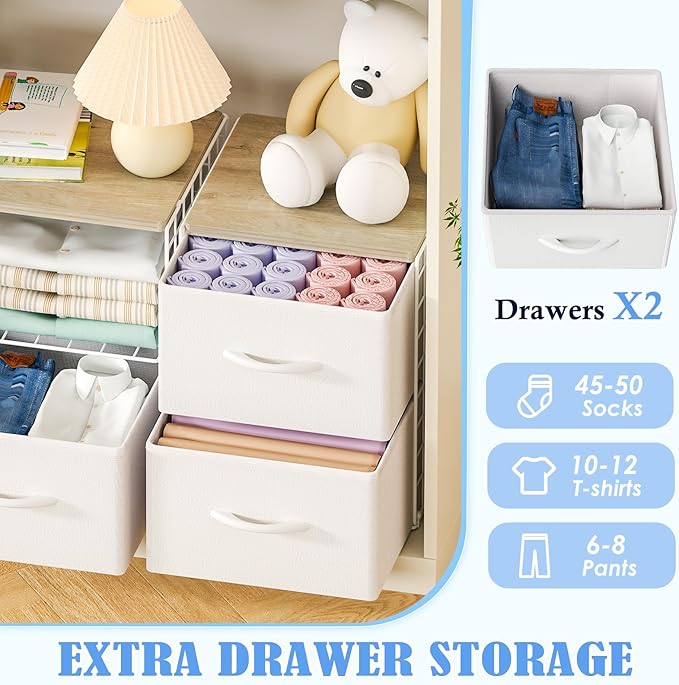 2 Pack Stackable Storage Drawers, Closet Organizers and Storage Shelves with Wooden Top & Adjustable Dividers, White Fabric Closet Drawer Organizer, Modular Storage Bins for Bedroom Wardrobe Apartment