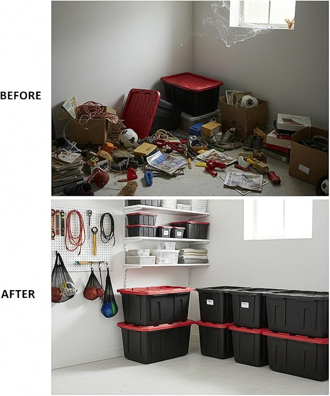 27 Gal Industrial Tote,2 Pack Large Storage Bin,Black with Red Lid Plastic Storage Container Stackable & Nestable Heavy Duty Storage Totes, Suitable for Garages, Basements or Outdoors (2 Pack)