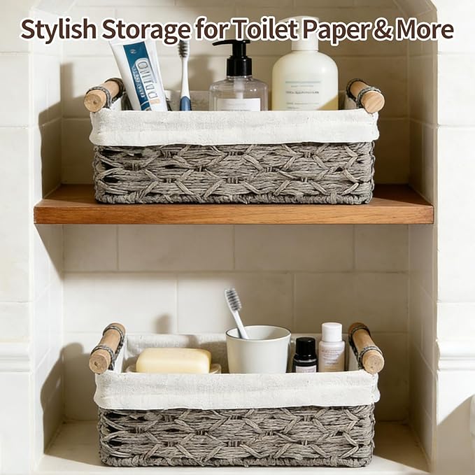 Storage Basket Wicker Baskets for Organizing, Storage Bins for Countertop & Toilet Paper, Toilet Tank Top Organizer (Set of 2, Grey)