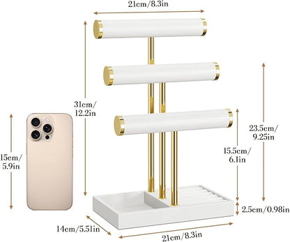 bussdis 3 Tier Bracelet Holder Display - White Leather Bracelet Holder, Detachable T Bar Jewelry Holder Organizer for Bracelet, Necklace, Earrings, Rings, Watches, Bangle
