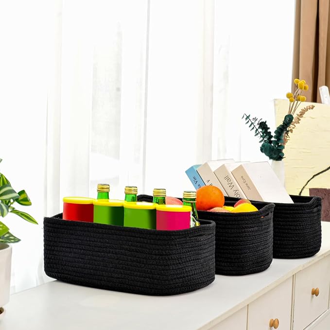 ICERZCZ Small Black Baskets for Organizing, Storage Baskets for Shelves, Small Woven Cotton Rope Basket for Storage, Basket for Gifts Empty, 13"×8.5"×5.1" (3 Packs) Black