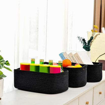 ICERZCZ Small Black Baskets for Organizing, Storage Baskets for Shelves, Small Woven Cotton Rope Basket for Storage, Basket for Gifts Empty, 13"×8.5"×5.1" (3 Packs) Black