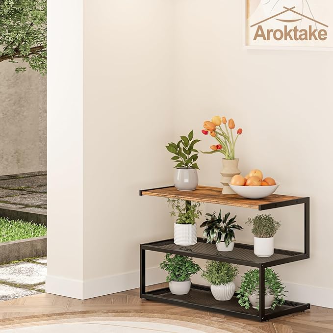 Shoe Rack, Unique 5-Shaped Free Standing Shoe Shelf, 3-Tier Wooden Shoe Organizer with Wooden Top and Steel Frame for Front Door Entrance, Entryway, Hallway, 24.41" D x 11.02" W x 16.14" H