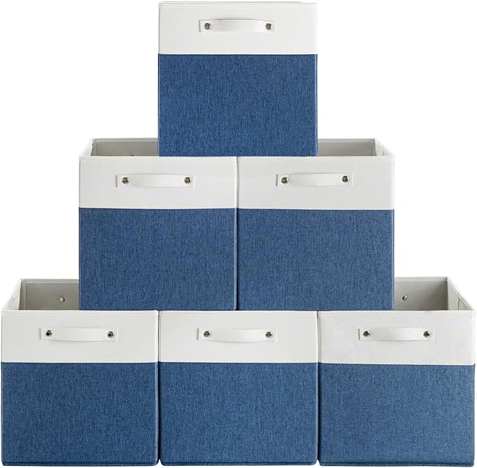 FinishingBo 13 x 13 Inch Fine Linen Storage Bins with Handles，Fabric Cube Boxs，Basket Organizers for Shelves for Home, Closet Drawers (White/Blue-6 Pack)