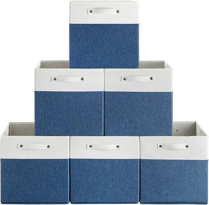 FinishingBo 13 x 13 Inch Fine Linen Storage Bins with Handles，Fabric Cube Boxs，Basket Organizers for Shelves for Home, Closet Drawers (White/Blue-6 Pack)