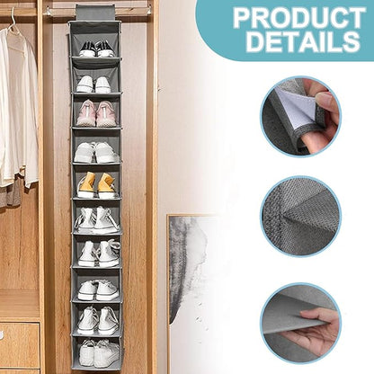 Hanging Shoe Organizer 10 Section Grey Nonwovens Hanging Shoe Rack Burly and Handy, Easy Fold Closet Shoe Organizer for Organizing Bedrooms, Closets, Laundry Room, Play Room