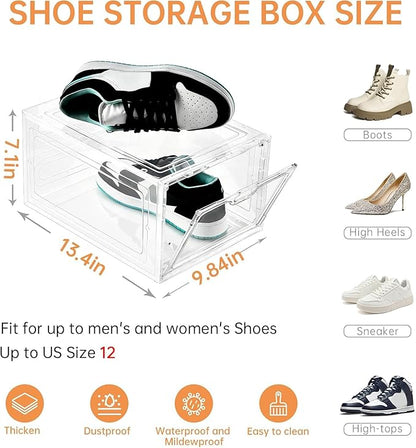 INSTY 6 Pack Large Shoe Storage Box, Clear Shoe Storage Organizer with Magnetic Door, Stackable,Shoe Containers For Display Sneakers, Easy Assembly, Fit up to US Size 12, Clear
