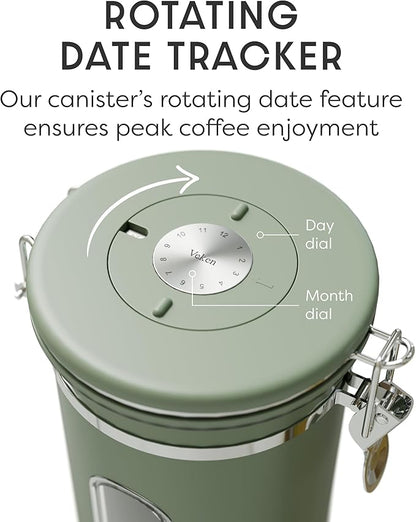 Veken Coffee Canister with Window, Airtight Stainless Steel Kitchen Food Storage Container with Lids, Date Tracker and Scoop for Grounds Coffee, Beans, Tea, Flour, Cereal, Sugar Jars, 22OZ, Green