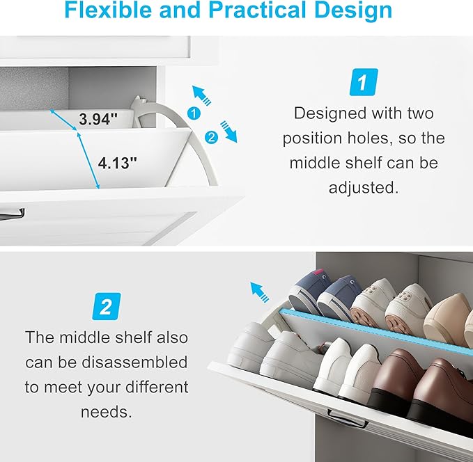 Vibe & Dine Narrow Shoe Organizer Cabinet with 3 Large Flip Drawers & 2 Storage Drawers - Slim Shoe Storage for Entryway, Hallway, Bedroom