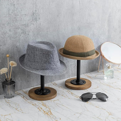 MyGift 2 Pcs Hat Holder Stand, Cowboy Hat Rack, Baseball Cap Organizer Storage with Industrial Metal Pipe, Wig or Jewelry Display Riser, Natural Acacia Wood