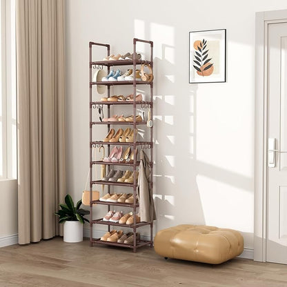 VTRIN 10 Tiers Tall Shoe Rack Holds 20-25 Pairs of Shoes Sturdy Vertical Shoe Organizer with 18pcs Hooks Stackable Narrow Shoe Rack for Closet, Entryway Brown