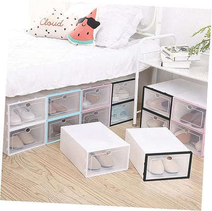 VANZACK 6PCS Thickened Transparent Stackable Shoes Storage Box Plastic Shoe Organizer for Men White Frame Shoebox Container for Small Spaces Dorm Closets
