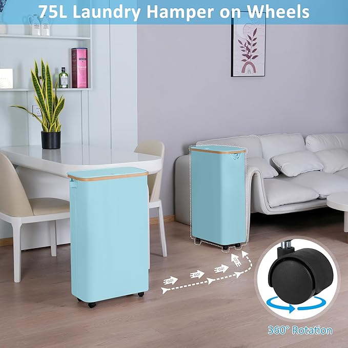 efluky Slim Laundry Hamper with Wheels, Narrow Laundry Basket with Lid and Removable Bag, Aesthetic Dirty Clothes Hamper on Wheels for Laundry Room, Bedroom, Dorm and Bathroom, 75L Beige