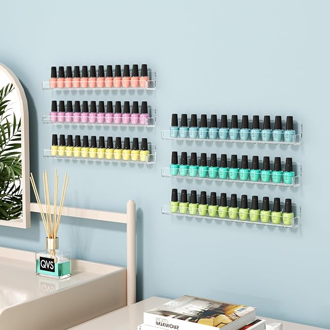 FEMELI Nail Polish Wall Rack: 6 Shelves 15 Inch Clear Acrylic Nail Polish Organizer for 66-90 Bottles Multi-Purpose Acrylic Floating Shelves (15 Inch, Clear) | 66-90 Bottles, Multi-Purpose