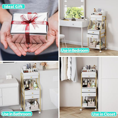 HapiRm Floor Makeup Organizer Storage - Vanity Skincare Make Up Organizers and Storage with Drawers, Cosmetics Display Cases Holder for Skin Care Nail Polish Perfume Makeup Brush, Gold