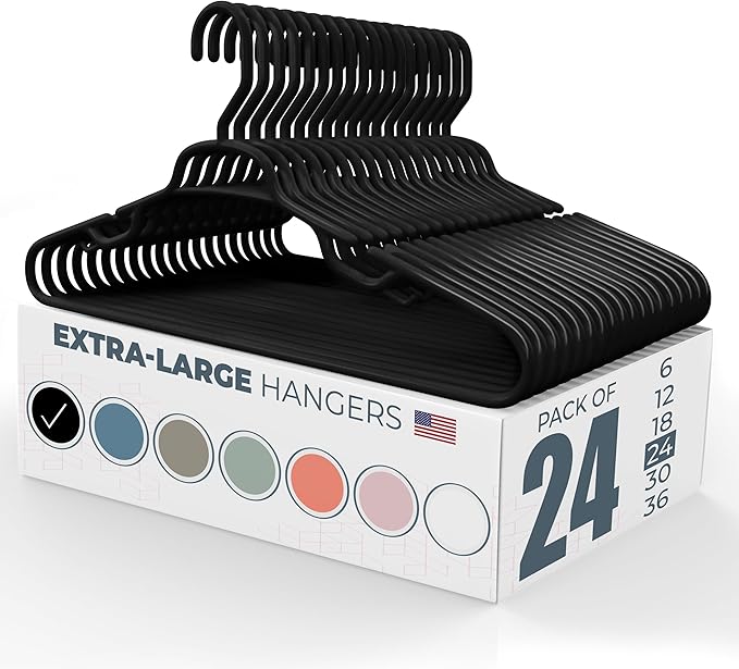 Large & Wide Heavy Duty Clothes Hangers 20 Pack (24 Count) – Made in USA – Ideal for Plus Size Clothing – 10lb Plastic Hangers with Notches for Oversized Adult Coats & Pants – Black