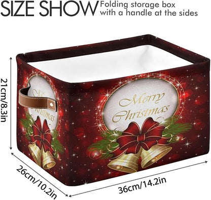 Red Bells Basket Decor Xmas Winter Holly Storage Bin Fabric Storage Box Cube with Handles Large Kids Toys Clothes Organizer for Nursery Bedroom