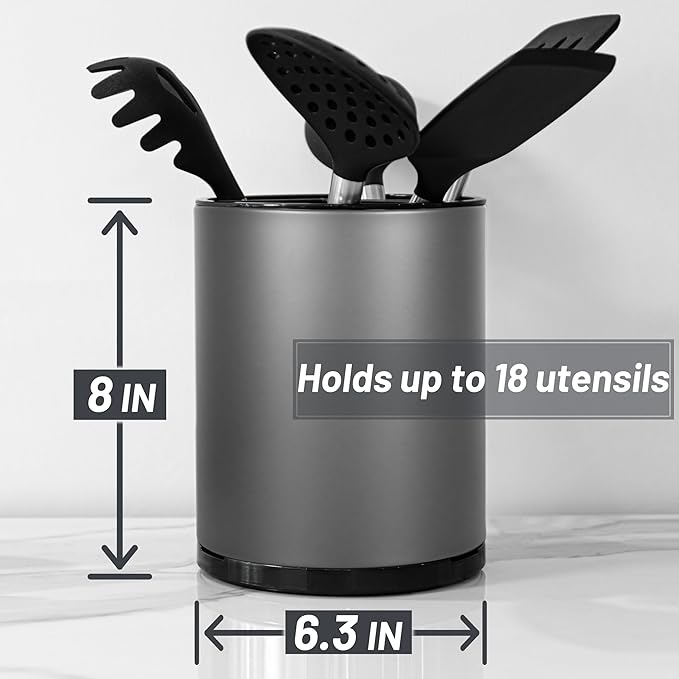 Kitchen Utensil Holder for Countertop 360° Rotating Utensil Caddy Extra Large Utensil Crock Cooking Utensil Holder for Kitchen Counter (Dark Grey)