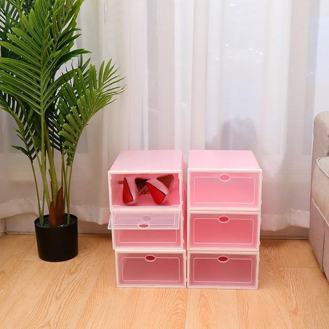 6pcs Thick Shoes Storage Box Plastic Shoe Container Stackable with White Frame Pink for Men Closet Organization