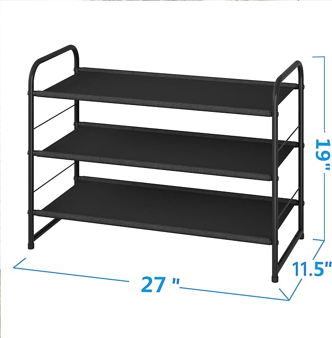 Simple Trending 3 Tier Stackable Shoe Rack, Expandable Adjustable Fabric Shoe Shelf Storage Organizer, Black
